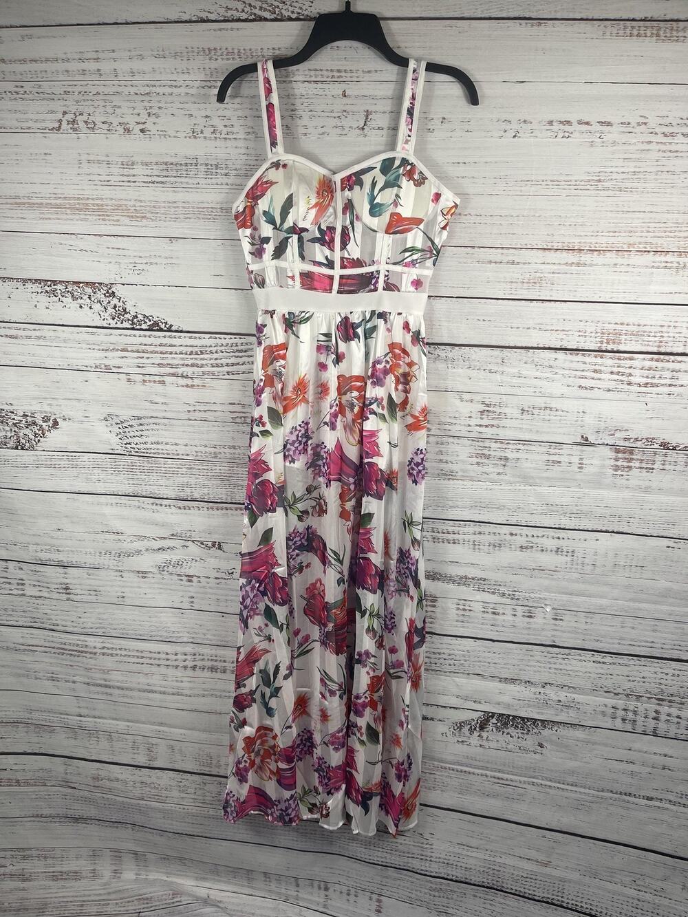 Floral Print Maxi Dress Womens SZ Medium White Corset Bustier Sweetheart Strappy